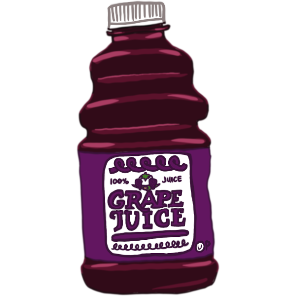  a wide curvy plastic bottle of purple grape juice. The label says 100% juice grape juice and has purple curly lines and two tiny bunches of grapes on it. there is a small 'kosher' symbol on the side of the label.